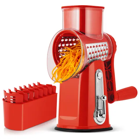 SUSTEAS Rotary Cheese Shredder with Handle - 5 Stainless Steel Blades, Strong Suction Cup Base, 1 Blade Storage Box, Fast Shred Fruit Vegetable Slicer, Potato Spiral Grater, Beginner-Friendly Control, Durable Red Home Cooking Kitchen Utensil Gadget