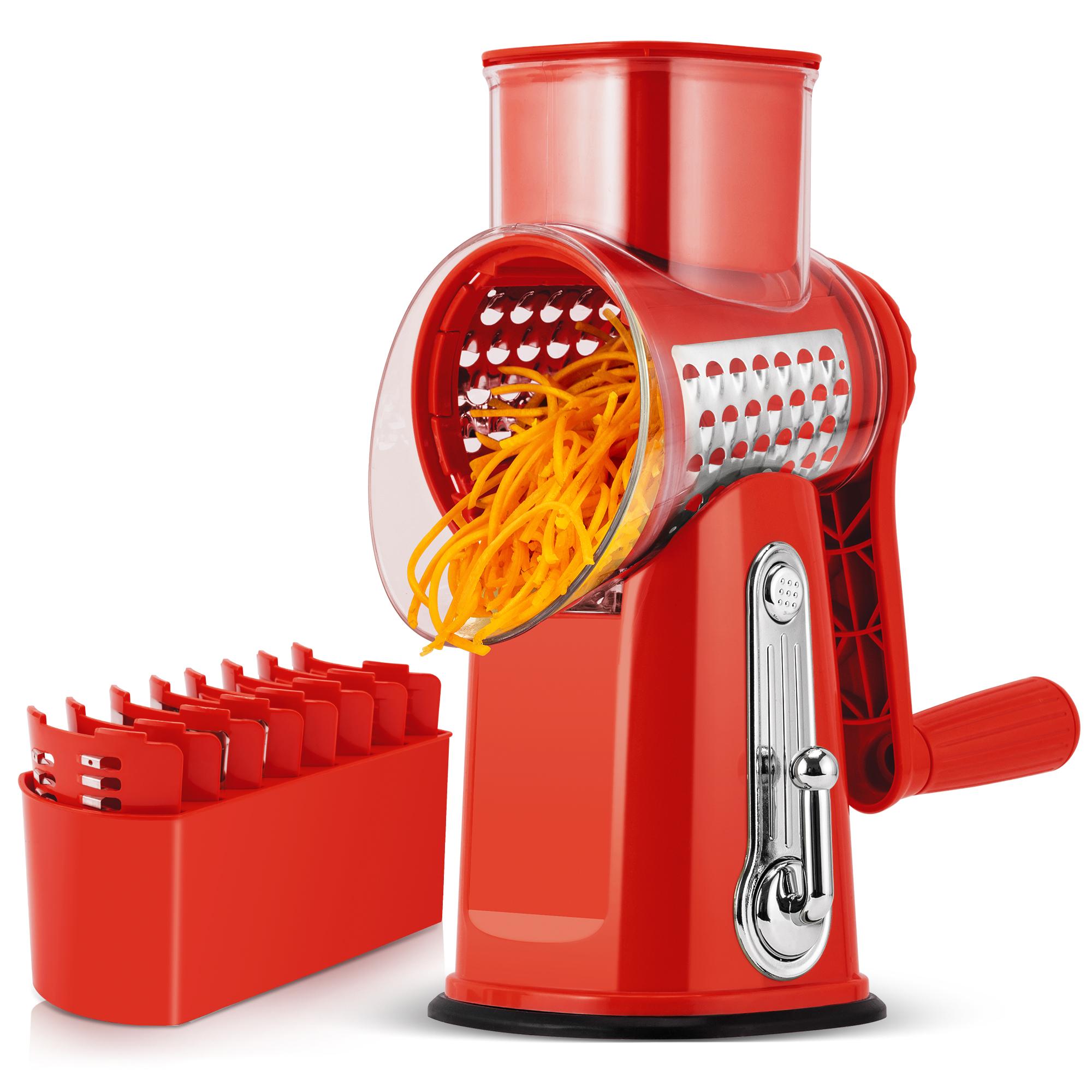 SUSTEAS Rotary Food Cheese Grater with Handle, 5 Blades and Strong Suction Cup Base, Comes with 1 Blade Storage Box Kitchen Utensils Red Durable Vegetable Slicer Vegetable Cutting Slicer Vegetable Cutter summerwins
