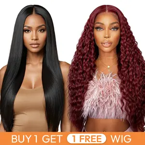 Buy 1 Get 1 Free Blend Human Hair Lace Wig | Natural Hairline Soft & Full 180% Density, #1B Straight Hair Wig & 99J Corn Silk wig