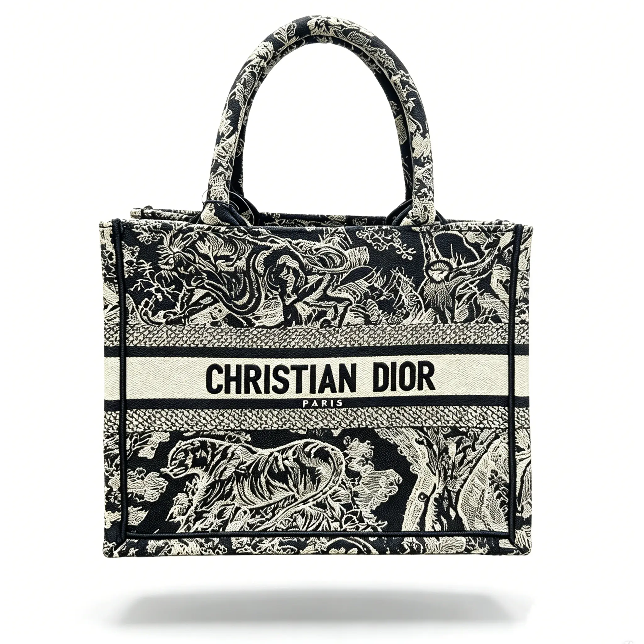 Pre-owned Dior Canvas Tote Bags Navy Blue Embroidered Book Tote Small (Toile de Jouy Animal Motif)