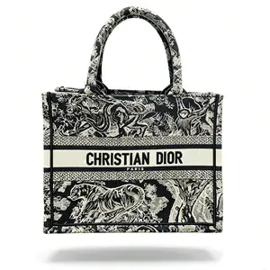 Pre-owned Dior Canvas Tote Bags Navy Blue Embroidered Book Tote Small (Toile de Jouy Animal Motif)
