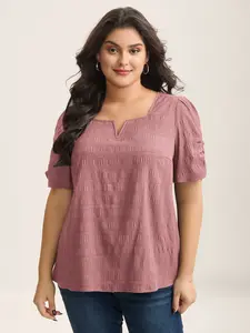 【Summer Turn-Up】【Neck-Lengthening】BlOOMCHIC Plus Size Textured Gathered Sleeve Split Neck Blouse Fit Basic Top Women rave fall virginia outfits women's fall clothing outfit [M-6X] 2026 Summer Pick for Mother's Day