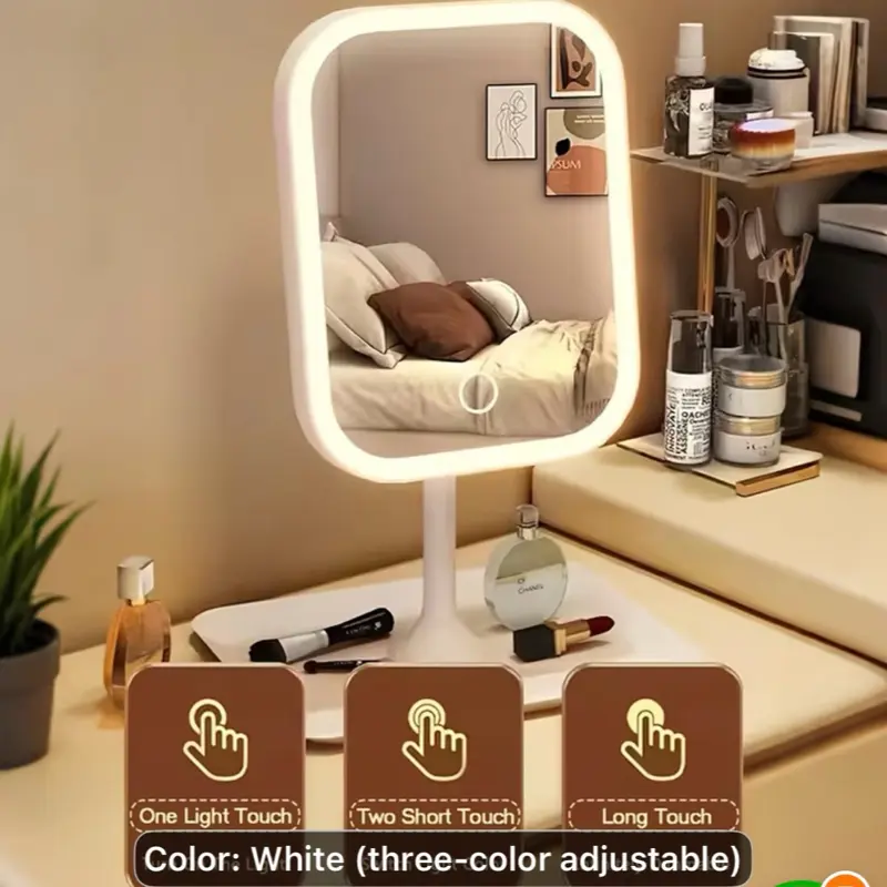 Illuminated Makeup Mirror Features Three Lighting Modes, Touch Control Operation, A Portable Stand, And A Foldable Design, Making It Ideal for Travel. It Comes with A Rechargeable Battery And Is A Compact LED Makeup Mirror.Free 10x Magnifying Glass