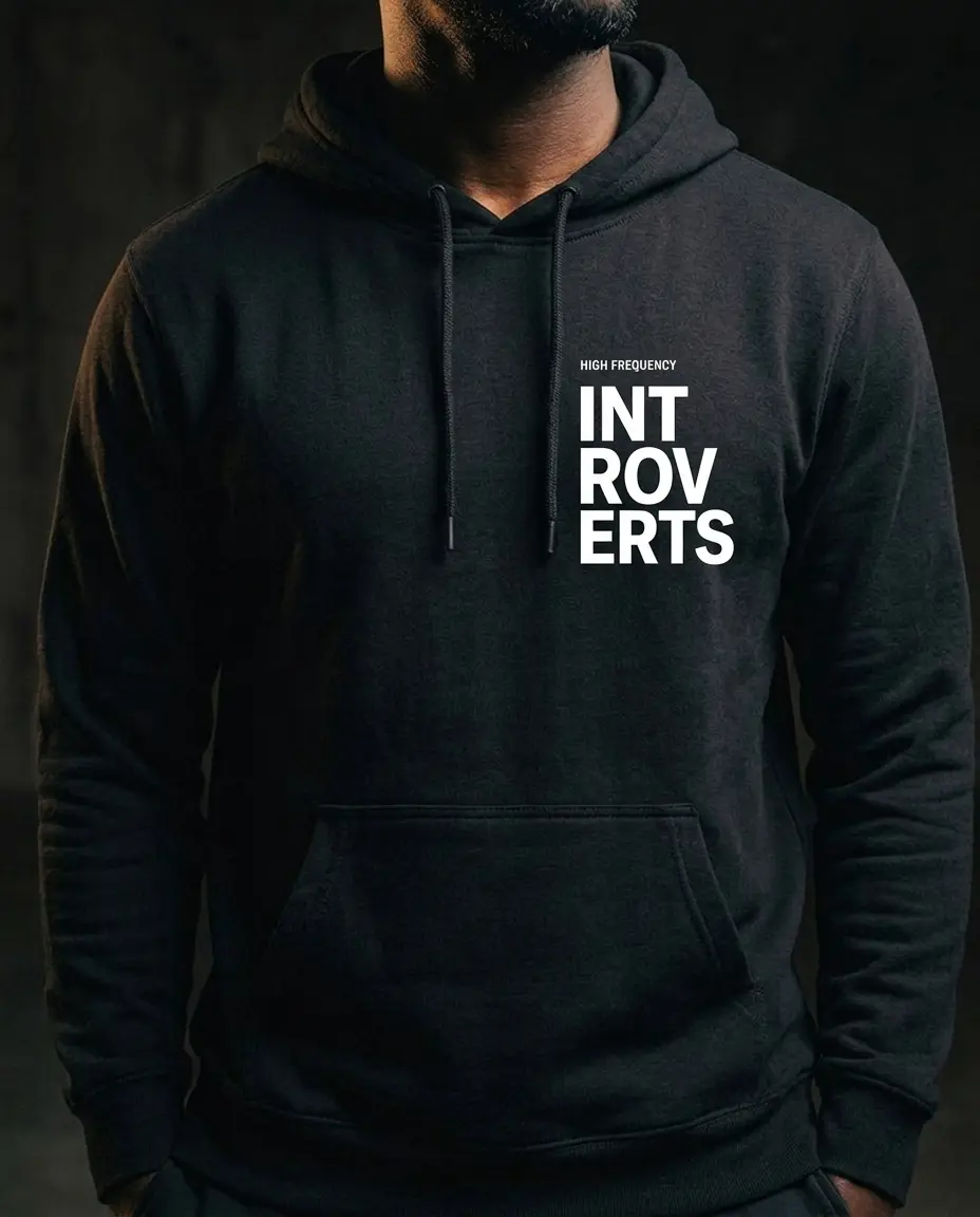 Introverts Minimalist Hoodie — 'INTROVERTS' Vertical Chest Graphic, Cozy Fleece Pullover