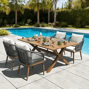 LayinSun Outdoor Patio Dining Set, 63 inchs Aluminium Rectangular Dining Table and Wicker Rattan Chairs Set for Outside Backyard, Poolside, Multiple Packages summervibes