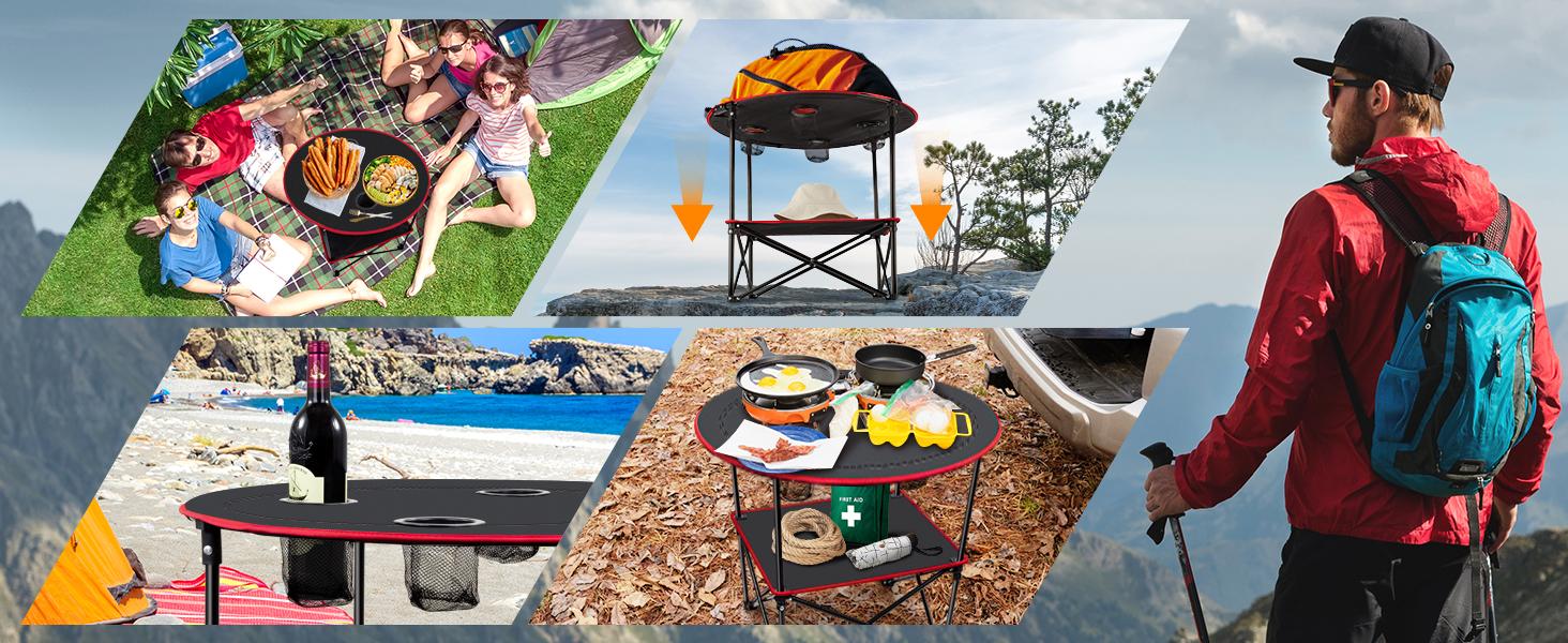 Lightweight Portable Folding Camping Table with Waterproof Canvas Aluminum Frame 4 Cup Holders Double Shelves Carry Bag for Camping Beach Tailgating Outdoor Activities