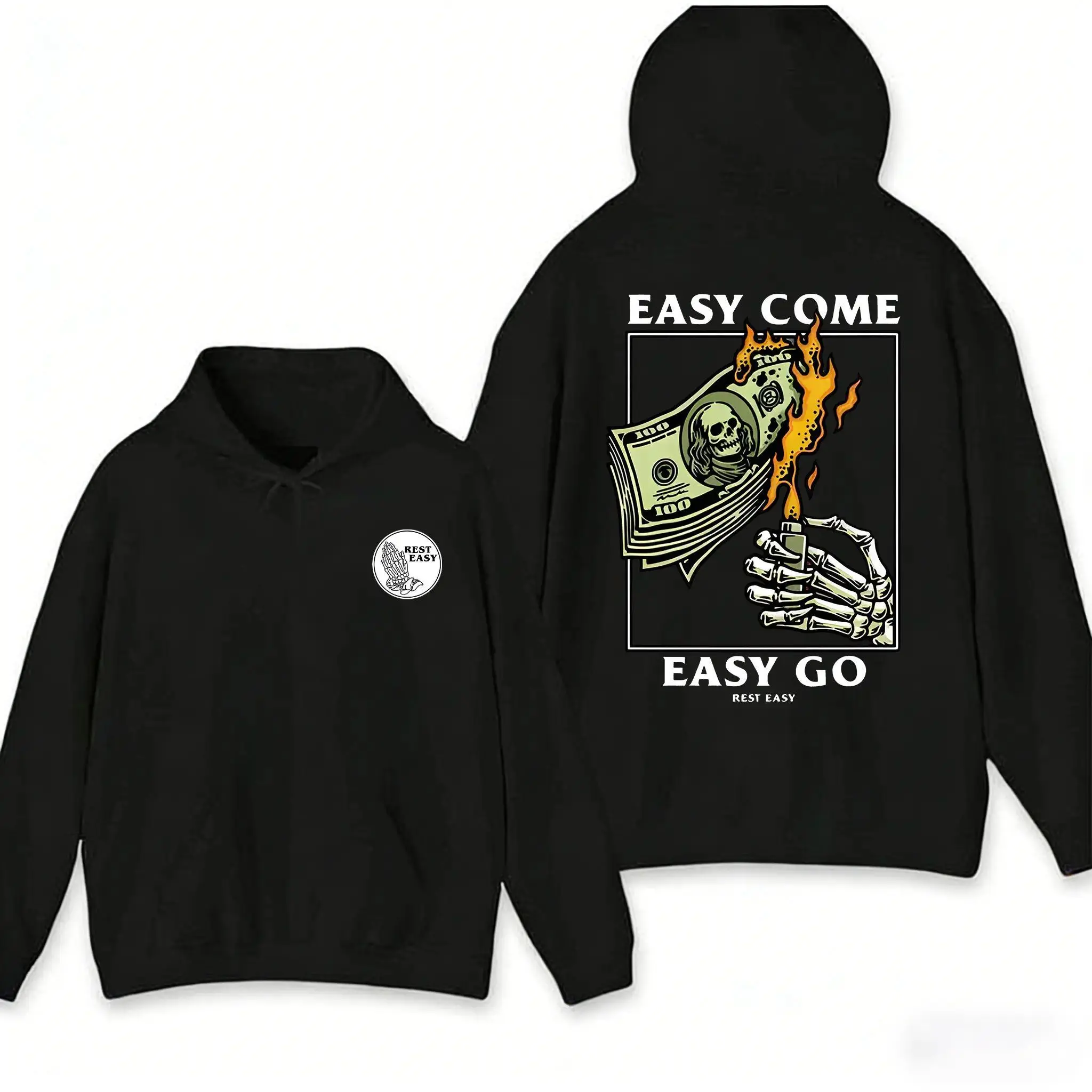Edgy Urban Streetwear Unisex Graphic Hoodie, Burning Money Skeleton Hand "Easy Come Easy Go" Bold Pullover for Risk Takers Rebels