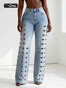 Women's Elastic Comfort Wide Leg Jeans Pants, High Waist Hollow Out Design, Straight Leg Drawstring Denim Jeans, All Seasons Casual Fitted Plain Pattern High Waisted Jeans