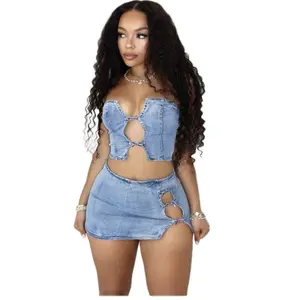 2 Piece Jean Set for Women - Stylish Denim Top & Skirt with Cutout Details