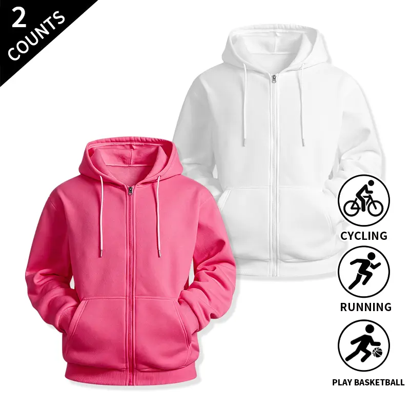 2-Pack Men’s Soft Fleece Zip-Up Hoodies – Basic Solid Color, Full-Zip Hooded Jackets with Long Sleeves and Pockets, Outerwear for Athletic Training and Everyday Casual Wear