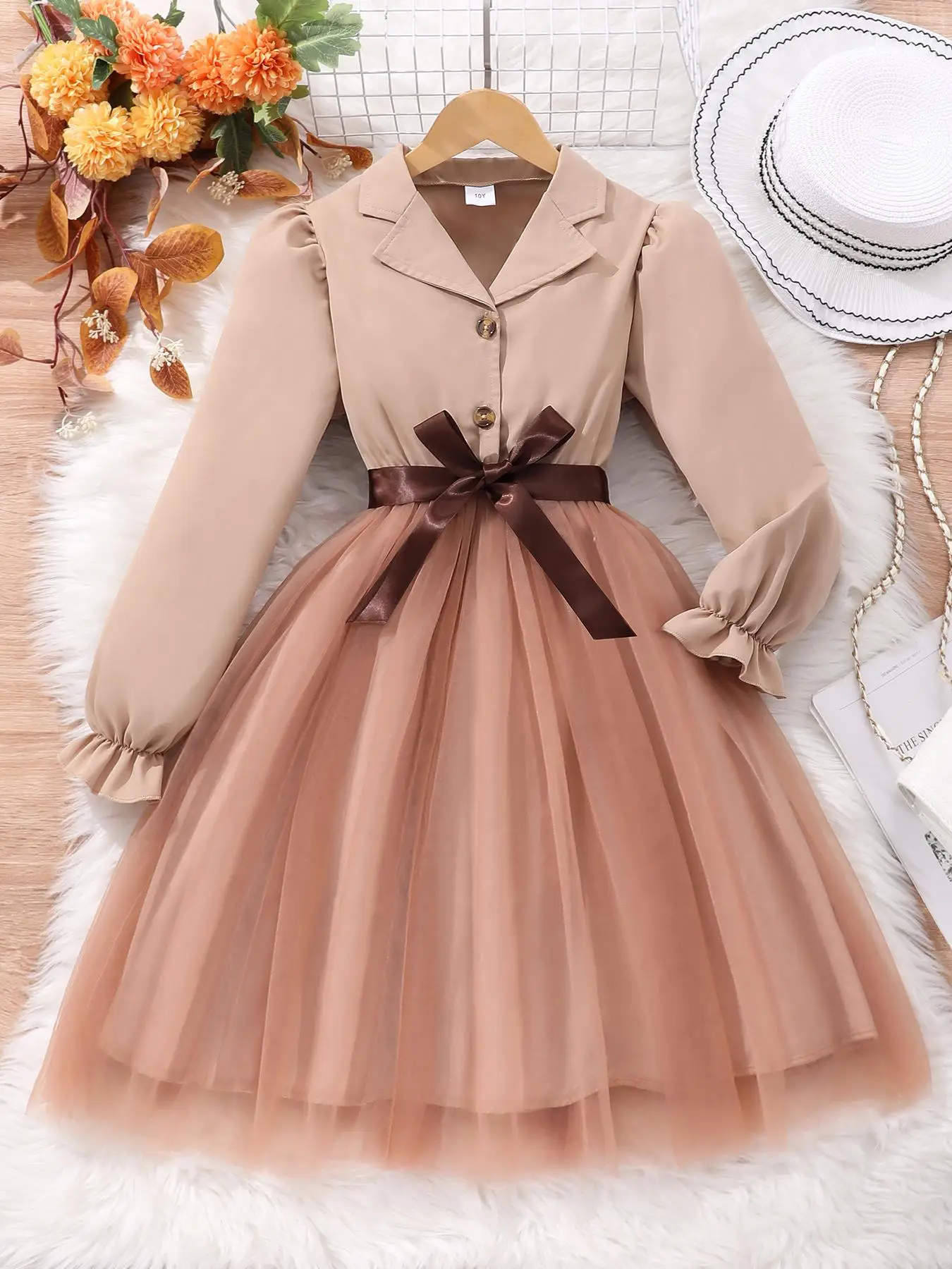 Girl's Contrast Mesh Belted Button Front Flounce Sleeve Dress, Elegant Long Sleeve Lapel Neck A Line Dress for Party Holiday Wedding Guest, Kids Fall