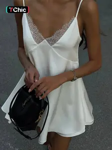 Women's Lace Trim Double Cami Dress, Solid Color Sleeveless Dress for Party Club Dating Wear, Ladies Clothes for Summer