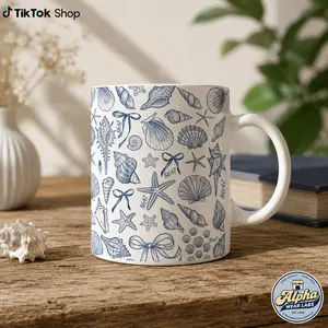 8647 Seashell Mug, Coastal Political Mug Blue Shell Pattern FDT Resistance Coffee Cup Beach Aesthetic Ceramic Gift for Liberals