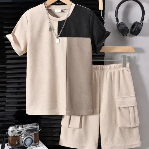 Two-Piece Set, Boy's Colorblock Print Short Sleeve Tee & Plain Pocket Elastic Waist Shorts, Round Neck T-shirt & Cargo Shorts for Summer, Kids Clothes for Daily Wear, Summer Clothing Set, Outfits Set