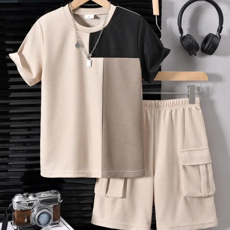 Two-Piece Set, Boy's Colorblock Print Short Sleeve Tee & Plain Pocket Elastic Waist Shorts, Round Neck T-shirt & Cargo Shorts for Summer, Kids Clothes for Daily Wear, Summer Clothing Set, Outfits Set