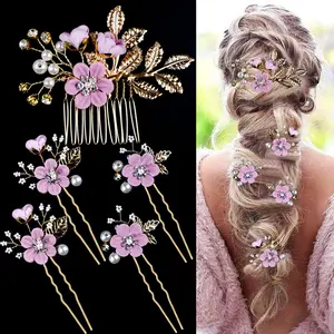 5 PCS Bridal Flower Wedding Hair Pins Crystal Pearl Hair Clips Headpiece Gold Wedding Hair Accessories Jewelry with Rhinestone for Brides Bridesmaids Women Girls Updo, Romantic Lilac Purple