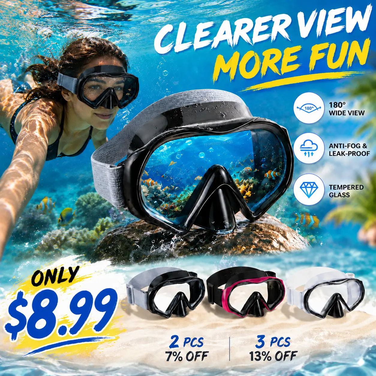 Aegend Adult Anti-Fog Swim Diving Mask with Nose Cover - Tempered Glass Lenses, Panoramic View, No Leak, Knitted Adjustable Strap, Underwater Gear for Diving, Snorkeling, Water Sports, Swim Diving Masks