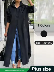 Plus Size Solid Collared Button Front Shirt Dress, Casual Fitted Collared Long Sleeve Button Up Dress for Work Office Business, Summer Outfits 2024, Women's Clothing for Spring & Fall, Casual Classy Dress