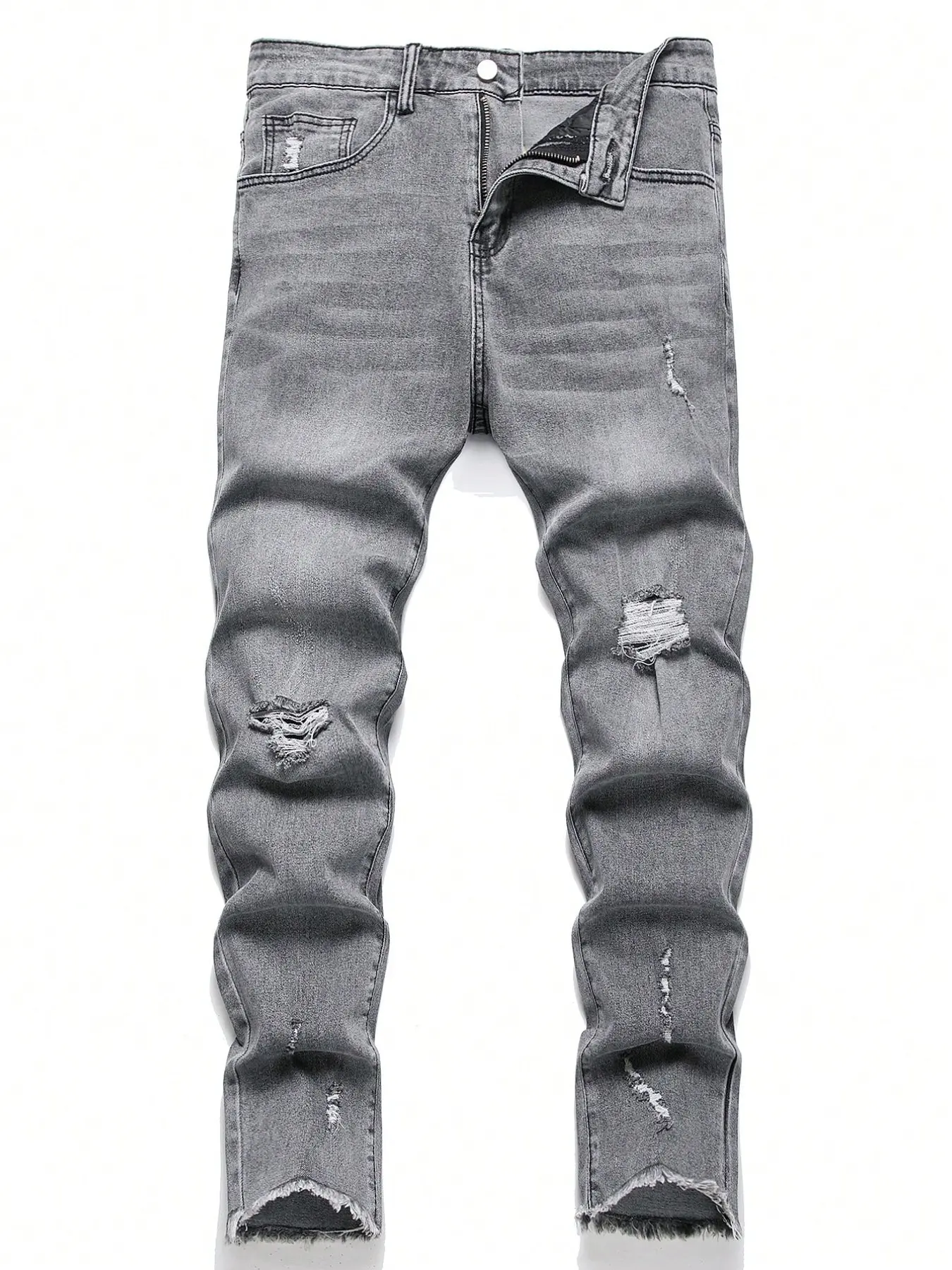Men's Ripped Slim Fit Denim Jeans, Distressed Frayed Hem Elastic Tight Jeans, Casual Skinny Jeans, Street Fashion Casual Aesthetic Style, Daily Commute Versatile Trendy Pants, Streetwear Trouser, Denim Skinnies Casual