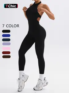 Women's Solid Sports Jumpsuit, Casual Comfy Breathable Sleeveless Stretch Jumpsuit for Yoga Gym Workout, Ladies Sportswear for All Seasons, Sporty Jumpsuit