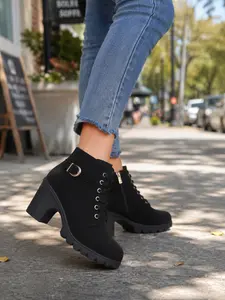 Women's Chunky Heel Short Boots, Fashion Lace-Up Boots, Comfortable Fall Winter Ankle Boots, Ideal for Daily Commute & Casual Wear