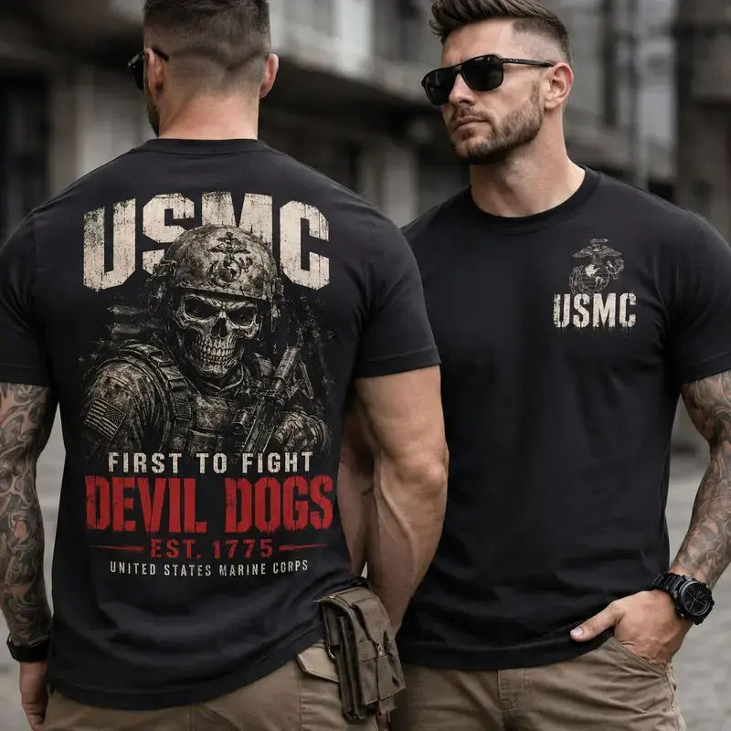 USMC Devil Dogs First To Fight Est. 1775 Shirt, Marine Corps Skull Warrior Graphic Tee, Semper Fi Veteran Military T-Shirt for Men