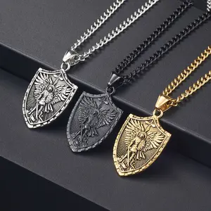 Titanium steel sword wielding warrior angel shield men's necklace stainless steel war god Saint Michael archangel pendant necklace