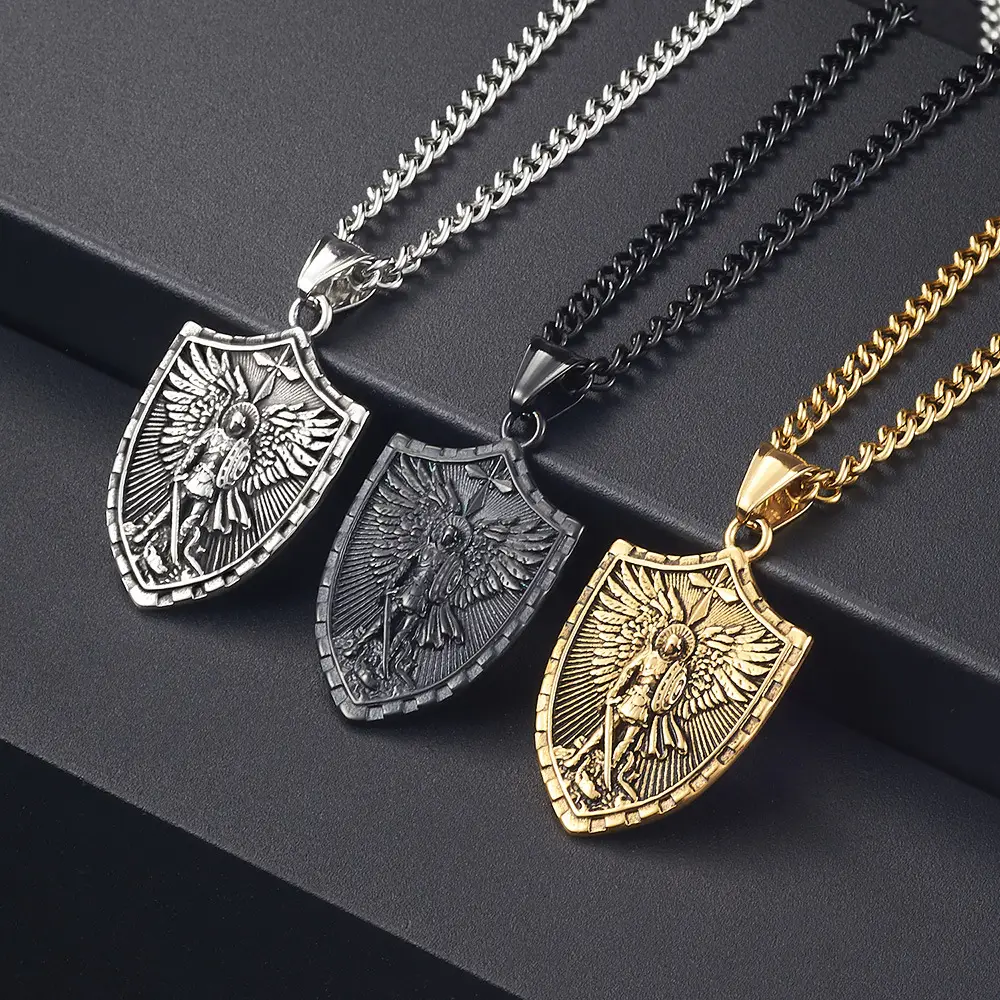 Titanium steel sword wielding warrior angel shield men's necklace stainless steel war god Saint Michael archangel pendant necklace