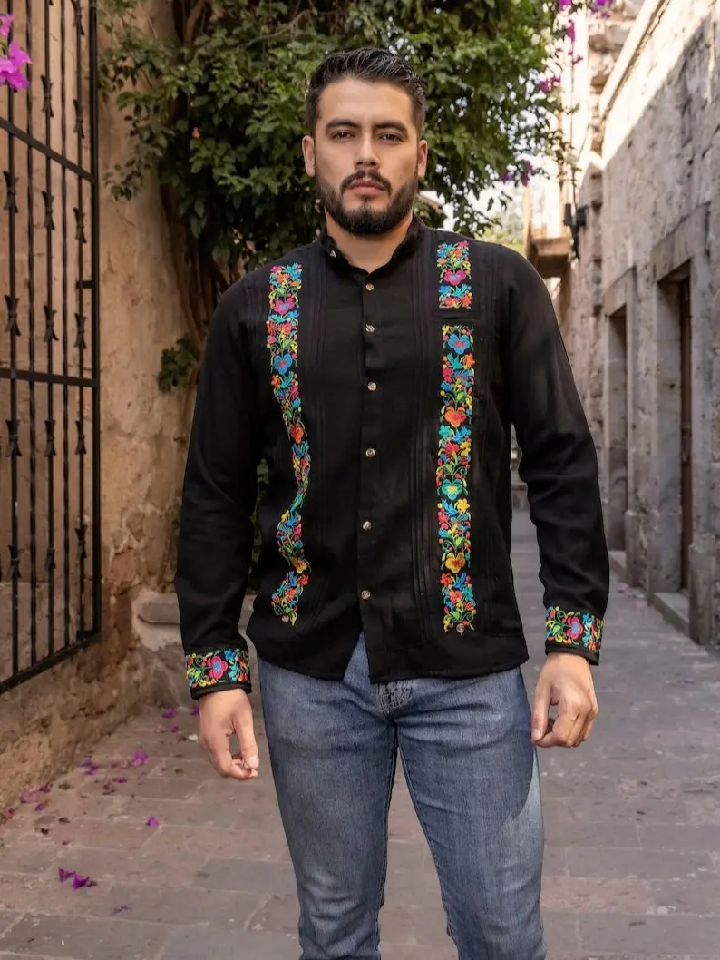dress code guayabera formal Men's Linen Guayabera Shirt Embroidered Pintuck Long Sleeve Medium / NATURAL