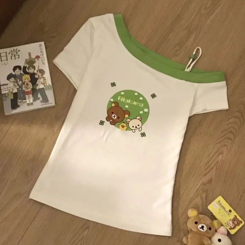 TOP Japanese subculture cartoon print T shirt summer Harajuku slant collar short sleeve cute T-shirts female slim hottie Kawaii tops