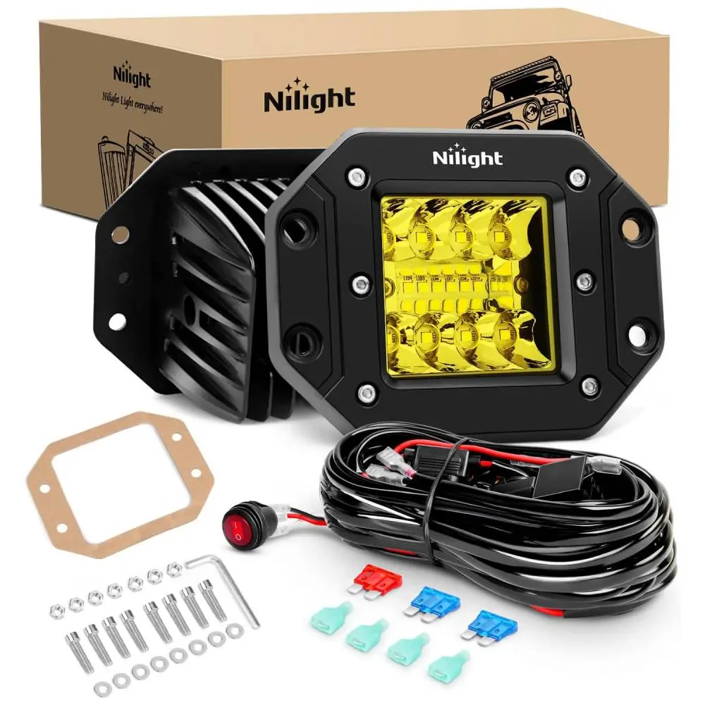 Nilight 2PCS 42W Flush Mount Amber LED Car Light Pods, Upgraded Spot-Flood Combo Beam Driving/Work Lights with 16AWG Wiring Harness, Led Car Lights