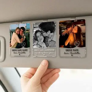 RodyThread Personalized Couple Photo Car Visor Clip - 3mm Thick Custom Acrylic Car Interior Decoration, 3in/4in/5in Multi-Size Accessory with Drive Safe Message, Gifts for Boyfriend