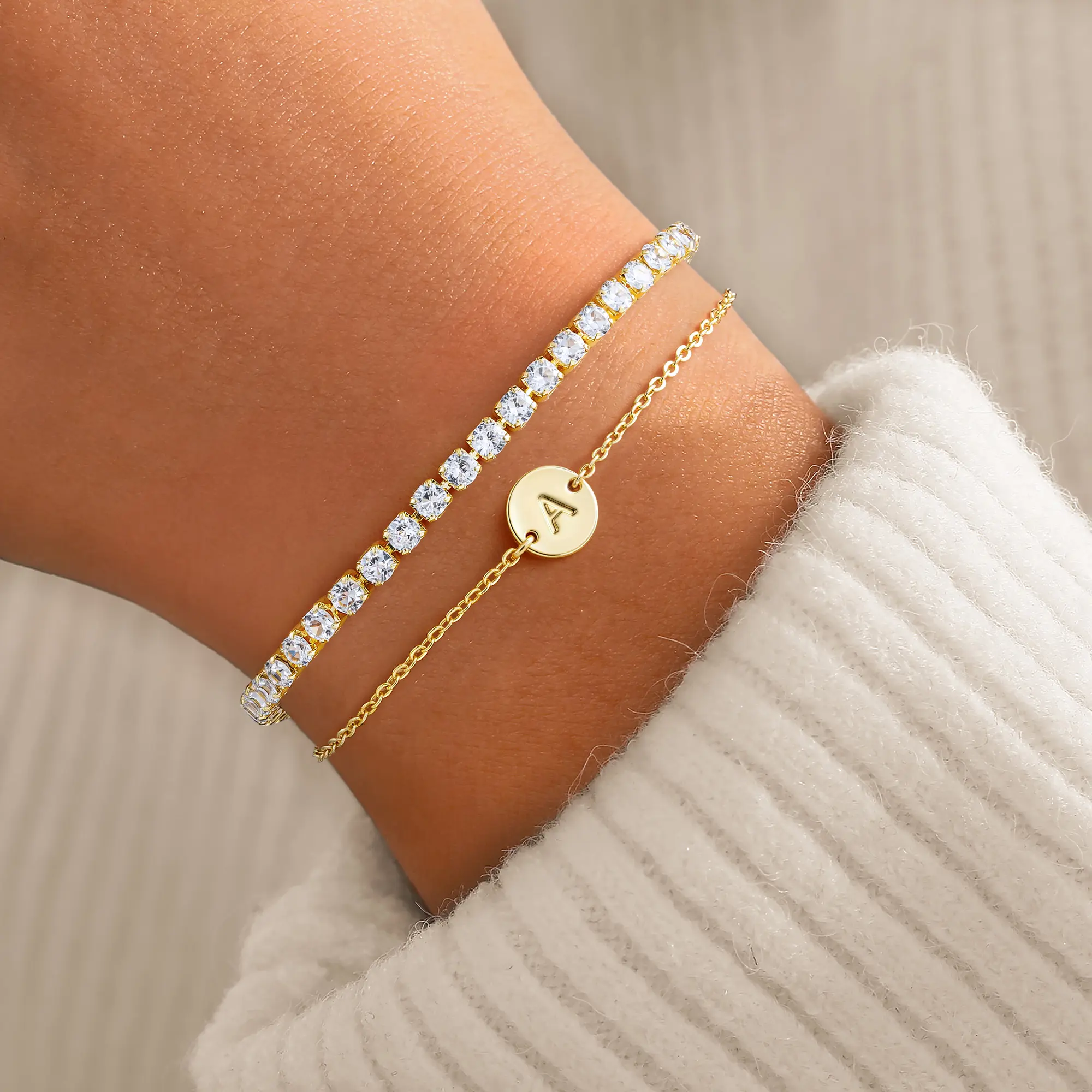 Turandoss Gold Initial Bracelet Set for Women - 2PCS CZ Tennis Bracelet & Dainty Letter Charm Bracelet Stack - 14K Gold Plated Layered Bracelets Jewelry Gift for Her