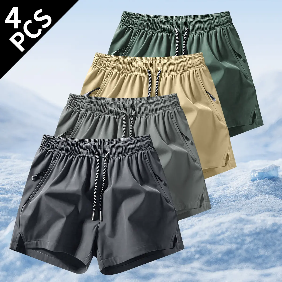 4-pack men’s shorts for indoor/outdoor all-season running and training; dual-pocket shorts with inner mesh; summer beach surfing, volleyball, vacation pool party, swimming, casual wear; solid color, quick-dry, soft, lightweight fabric.