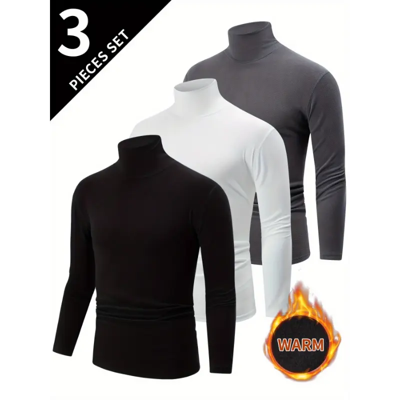 3pcs Men's Thermal Long Sleeve High Neck Turtleneck Sweaters - Thick Warm Winter Layering Shirts, Slim Fit Fleece-Lined Casual & Formal Outfits, Solid Black/White/Gray (Hand Washable) Ideal for Office, Semi-Formal Attire Double