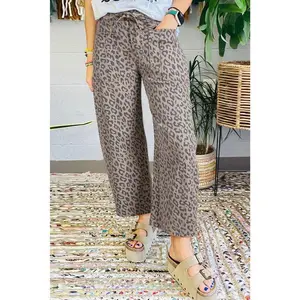Khaki Leopard Print Drawstring Waist Pocketed Wide Leg  Fashion Fit Women's Chic Everyday Bottoms Pants Womenswear wendy   Baggy Horseshoe Patchwork  Trouser Streetwear Casual sparkly jeans embroidered heavy starched semi Stretch Denim Tights with High