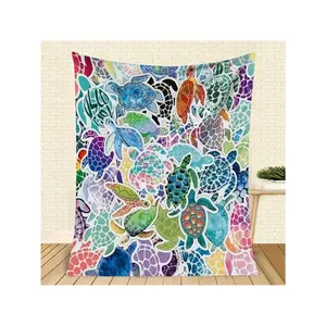 Vibrant Watercolor Sea Turtle Tapestry - Whimsical Colorful Ocean Reptile Wall Hanging Decor