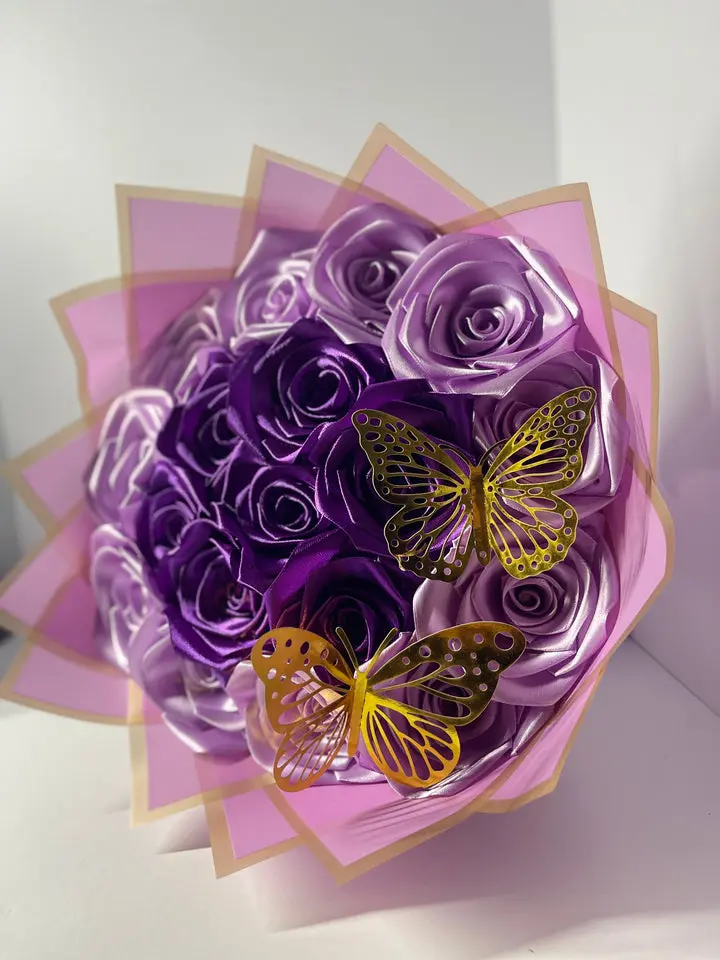 Handcrafted Satin Ribbon Rose Bouquet - Royal Black and Red Design with Golden Crown, Home & Festive Party Decor, Gift for Special Occasions