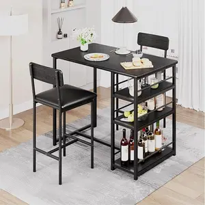3 Piece Table Set with 2 Upholstered Bar Stools & 3-Tier Storage Shelves, Space-Saving Design for Apartments, Small Kitchens, Breakfast Nooks - 300LB Capacity