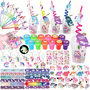 Unicorn Party Favors Unicorn Birthday Party Supplies Include Cups Gift Tags Reusable Straws Stampers Keychains Slap Bracelets Hair Clips etc Goody Bags Party Games and Activities