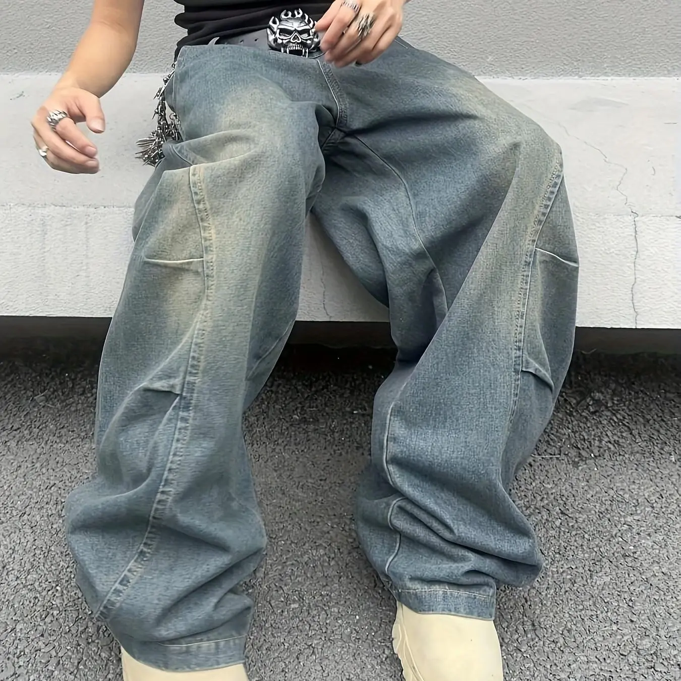 Men's Oversize Baggy Denim Overalls - Fashion Casual Denim Jean Pants Bottoms, Cotton Blend Smooth Fabric, Loose Long Pockets, Dadcore Streetwear, Hand Wash Only, Dry Clean Compatible for Daily Wear, Baggy Pants, Trouser, Clothing, Knee Length, Loose-Fit,