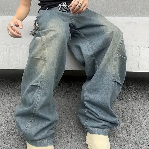 Men's Super Oversized Denim Overalls - Menswear, Fashion Casual Denim, Baggy Jean Aesthetic, Knee-Length Long Men's Jeans, Cotton-Blend Polyester Rayon Plain Smooth Fabric, Loose Pockets, Dadcore Streetwear, Hand Wash/Dry Clean Compatible for Daily Wear
