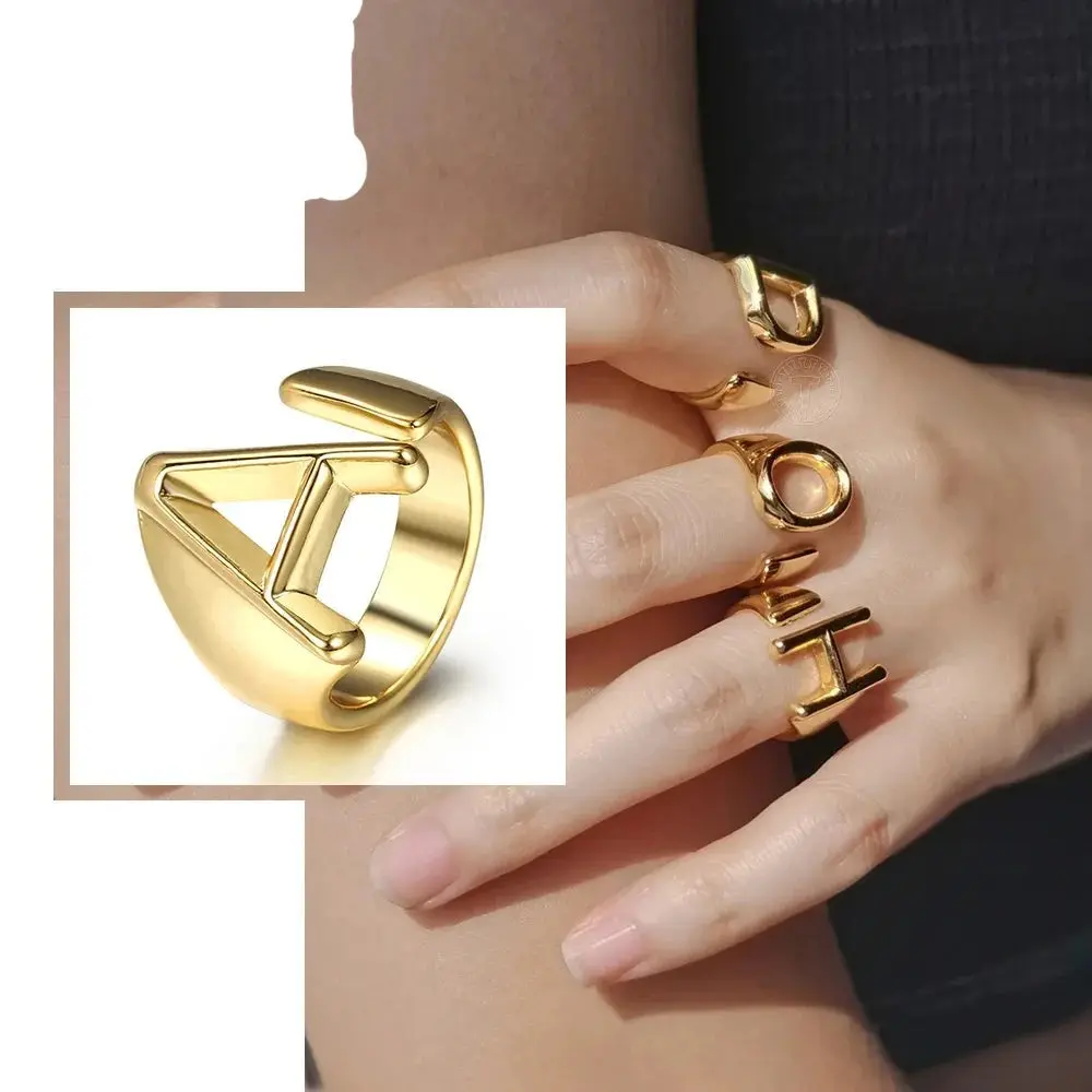 Gold Color 26 Letters Opening Ring Hollow Initials Name Adjustable Finger Rings For Women Trendy Jewelry Gift GR68A