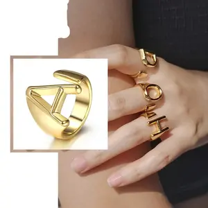 Gold Color 26 Letters Opening Ring Hollow Initials Name Adjustable Finger Rings For Women Trendy Jewelry Gift GR68A