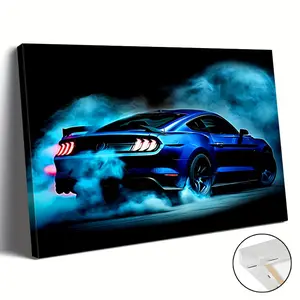 1 Piece Modern Racing Car Canvas Wall Art Poster - Blue and Black Racing Car Decoration with Smoke Effect, Wooden Frame Painting, Suitable for Living Room, Home Office, Garage - Car Enthusiast Ready-to-Hang Gift, Birthday/Christmas Gift - Modern Car