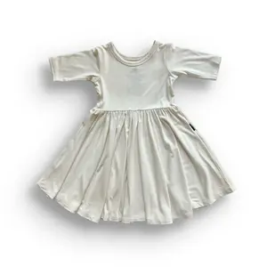 MID SLEEVE BAMBOO DRESS- Natural, Girls Soft Neutral Bamboo Dress
