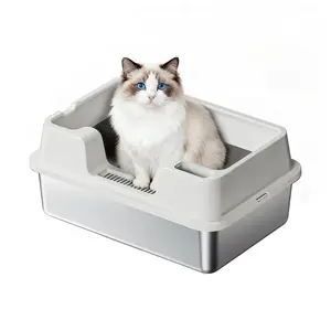 Semi-Enclosed Stainless Steel Cat Litter Box, PP + Stainless Steel Cat Pan with High Sides, Anti-Leakage Design, Includes Scoop & Holder