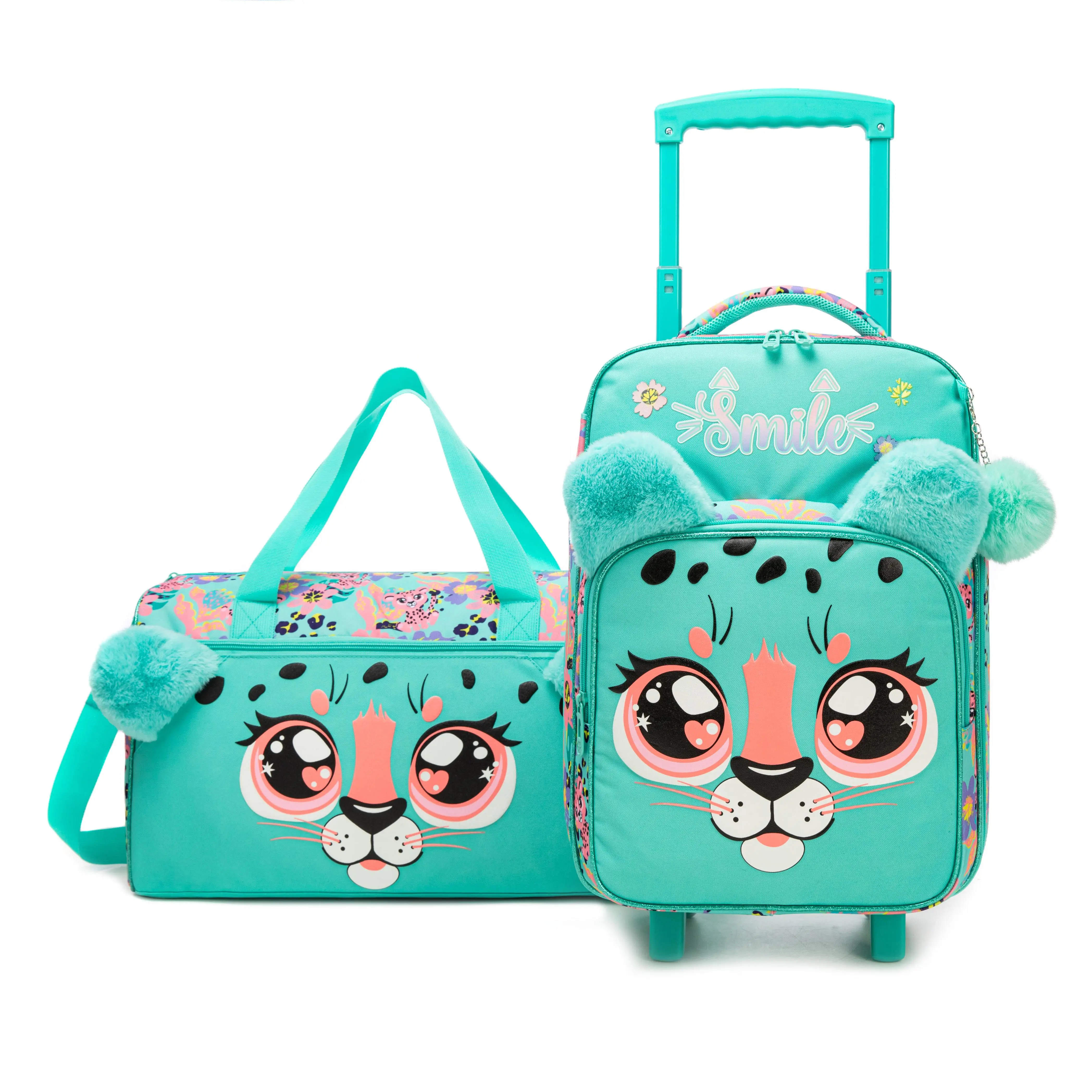 2-Piece Cute Cheetah Rolling Luggage Set | Mint Green Smile School Backpack & Travel Duffel Bag | Aesthetic Weekend Overnight Suitcase with 3D Plush Ears for Girls