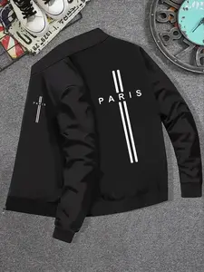 Men's Regular Fit Paris Letter Print Zip Up Jacket, Casual Stylish Stand Collar Outerwear for Spring & Fall, Fashion Men's Clothes for Daily Wear, Coats