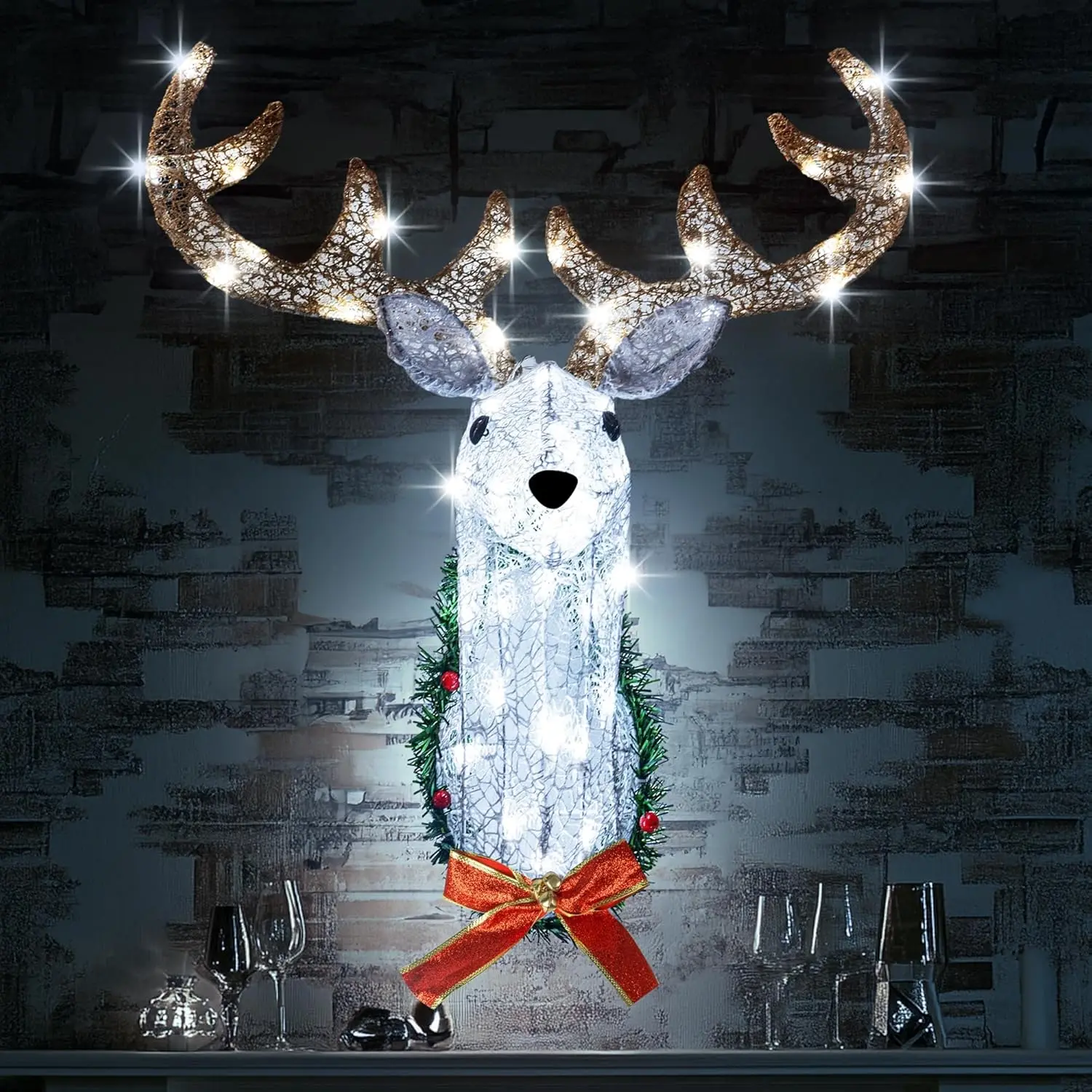 Lighted Christmas Wall Decoration Reindeer Head, 32" 3D Battery Operated Rudolph Hanging Wreath with 8 Modes, Light Up Christmas Decor for Outdoor Indoor Front Door Window Xmas